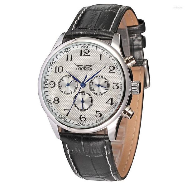 Relojes de pulsera Moda Jaragar Top Brand Automático Mecánico Auto-viento Deporte Caja delgada Calendario 24 horas Semana Dial Real Cuero Hombres Muñeca