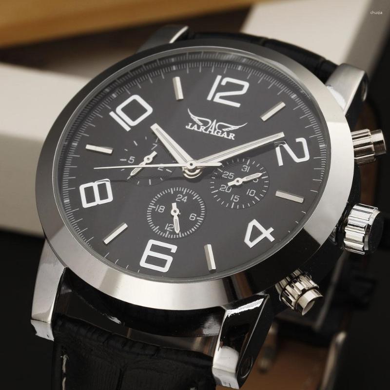 Relojes de pulsera Moda Jaragar Top Brand Hombres Caja de acero Calendario Hora Semana Dial Cuero Vestido masculino Relojes de pulsera mecánicos automáticos