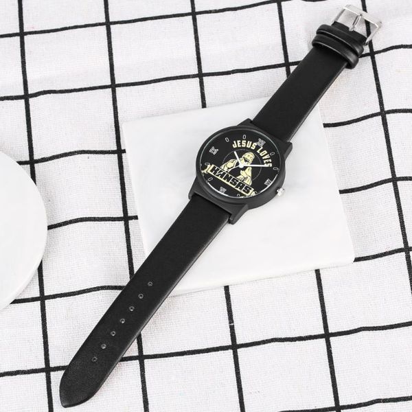 Montres-bracelets Mode Jesus Loves Series Montre Pour Hommes Casual Bracelet En Cuir Noir Montres À Quartz Femmes Roman Grand Cadran Montre-Bracelet Cadeau