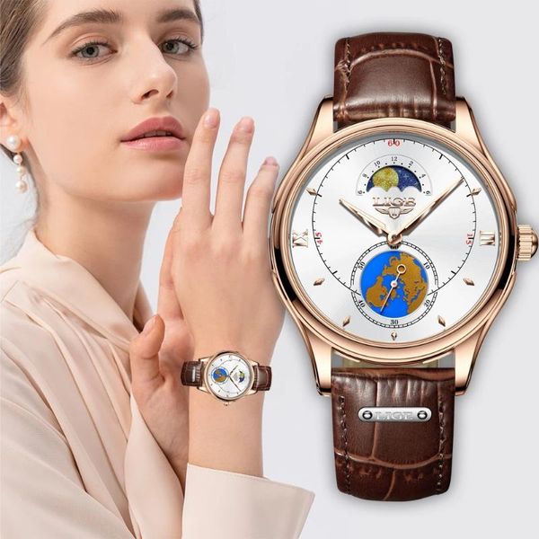 Relojes de pulsera Moda LIGE Reloj de cuarzo Mujer Relojes creativos Cuero Fase lunar Reloj de pulsera Reloj de mujer Bayan Kol Saati Montre Feminino Box