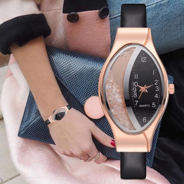 Relojes de pulsera de moda de lujo para mujer, reloj informal con correa de cuero, relojes de pulsera con diamantes de imitación ovalados, cinturón de PU Zegarek Damski 2022, relojes de pulsera