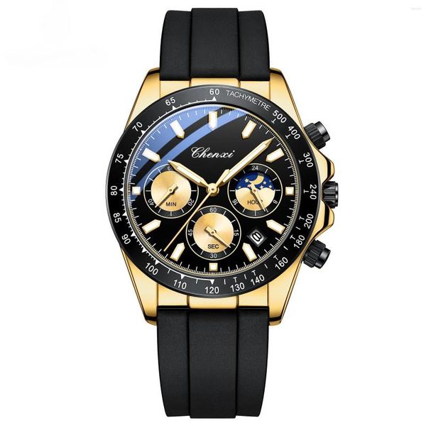 Montres-bracelets Mode Montres de luxe Hommes Cadran doré Bracelet en caoutchouc Calendrier Chronographe Business Casual Top Royal Quartz Montre-bracelet