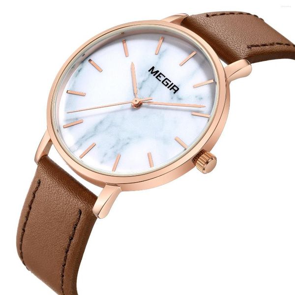 Montres-bracelets Mode Megir Top Marque Minimaliste Femmes Montres Horloge À Quartz Bracelet En Cuir Blanc Marbre Conception Simple Dames De Luxe Montre-Bracelet