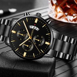 Montre-bracelets Fashion Men Black en acier inoxydable montre le calendrier de luxe Quartz Wrist Watch Mens Business Watches For Man Clock Relogio Masculino