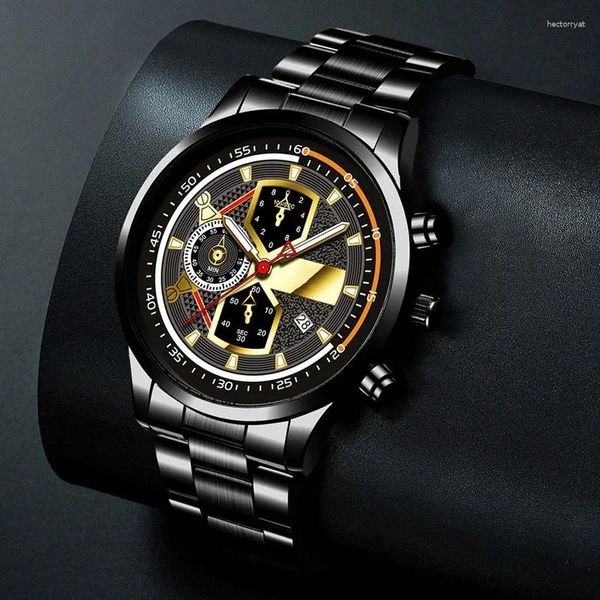 Relojes de pulsera Moda Hombres Reloj de acero inoxidable negro Calendario de lujo Pulsera de cuarzo Relojes de negocios para hombre Reloj Relogio Masculino