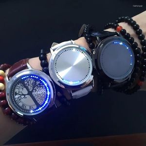 Relojes de pulsera Moda Hombres Relojes LED Pantalla táctil Patrón de árbol Simple Dial negro Luces azules Relogio Masculino