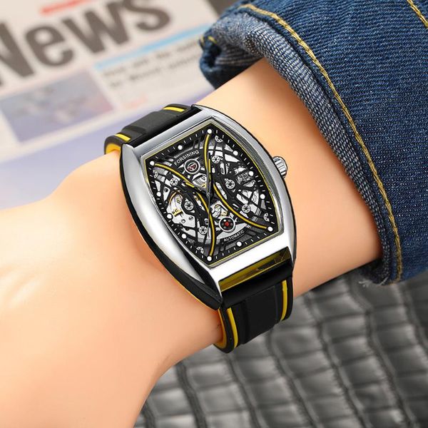 Relojes de pulsera Moda Hombre Reloj mecánico Esqueleto Automático Plata Amarillo Reloj de pulsera Rectángulo Hombre Reloj automático Reloj Hombre Pulsera