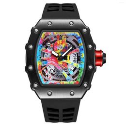 Horloges Mode Mannen Quartz Horloges Kongo 68-01 Graffiti Wijzerplaat Auto Datum Lichtgevende Hand Siliconen Band Sport Polshorloge