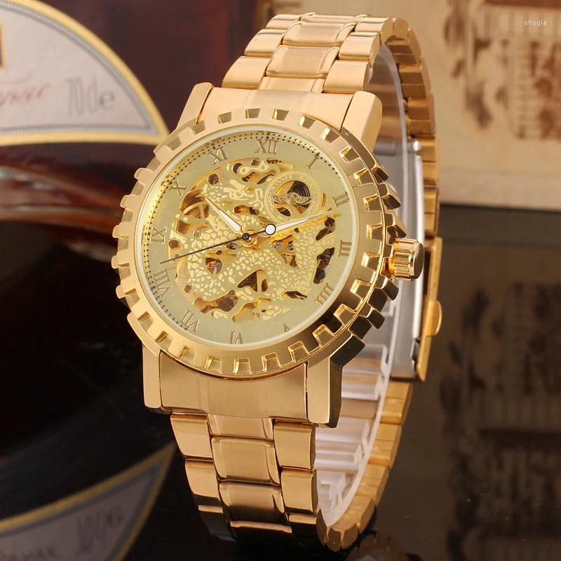 Wristwatches Fashion Men's Casual Hollow Luxury Golden Full Stainless Steel Dragon Dial Design Automatic Mechanical Wrist Watches