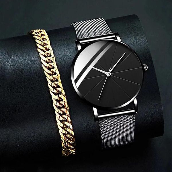 Relojes de pulsera Relojes de hombre de moda Reloj de banda de malla de acero inoxidable Hombre Reloj de pulsera de cuarzo de lujo Pulsera de oro Casual de negocios Simple301W