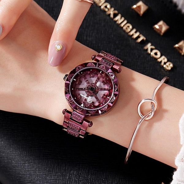 Montres-bracelets mode hommes femmes montre en acier inoxydable dame brillant Rotation robe grand diamant pierre montre-bracelet montres-bracelets