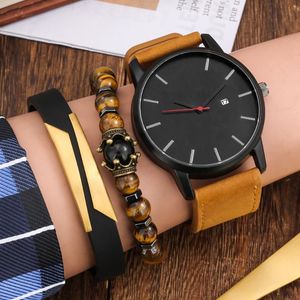 Relógios de pulso moda masculina conjunto de relógios de pulso laranja couro quartzo pulseira presente preto simples mostrador talão de negócios para homem
