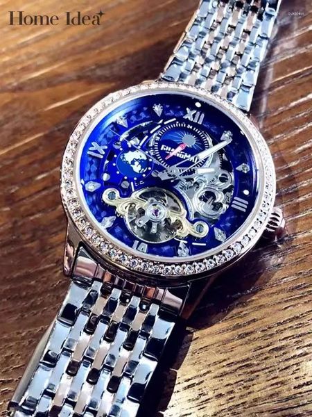 Muñeca de pulsera La moda masculina vacía el reloj mecánico completamente automático de los diamantes brillantes, el trabajo de negocios luminoso relojes casuales de trabajo