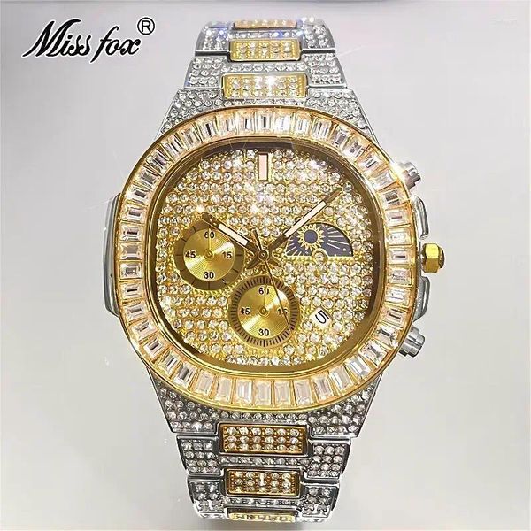 Montre-bracelets Fashion Mens Watchs Brand Pladen Luxury Full Diamond Phase Moon Quartz Wristwatch Hip Hop Iced Out Man Drop