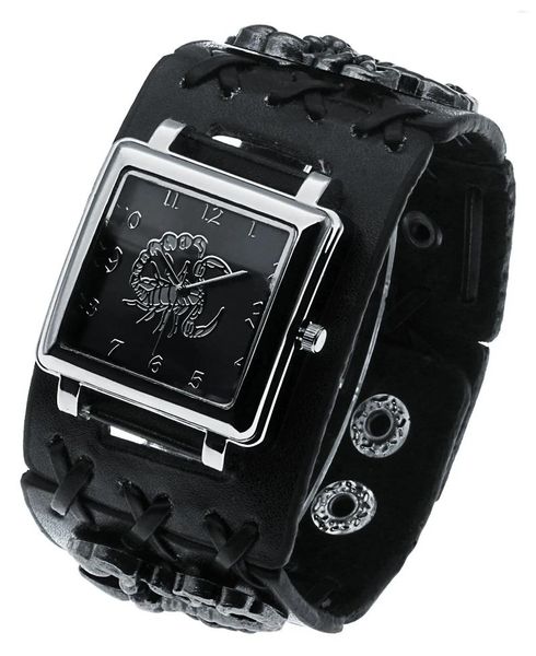 Relojes de pulsera Relojes para hombre de moda Reloj de pulsera de cuero ancho negro clásico Estilo fresco Casual Punk Scorpion Dial Reloj de cuarzo