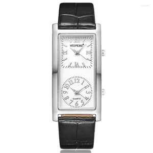 Montres-bracelets Mode Minimaliste Hommes Femmes Montre Creative Double Cadran Rectangulaire Quartz Cuir Dames Bracelet Horloge Couple