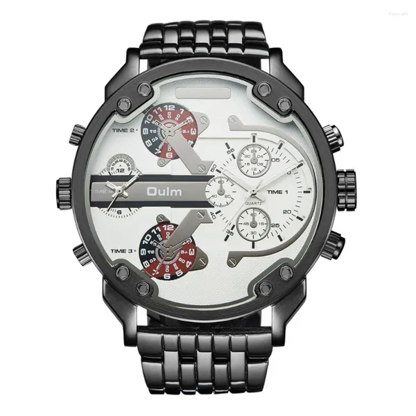 Muñecos de pulsera Fashion Oulm Top Brand 3548 Full Acero inoxidable Sport Military Sport Big Dial Dial Steampunk Relojes de muñeca de zona horaria dual