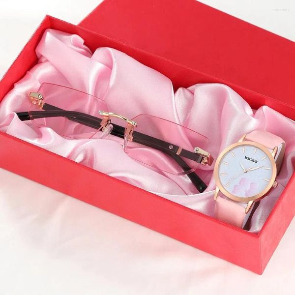 Muñecos de pulsera Fashion Pink Watch Gafas Set Women Casual Leather Belt Watches Simple Ladies Quartz Vestido Reloj Montre Femme