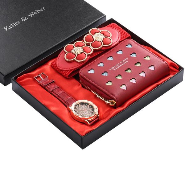 Relojes de pulsera, reloj de cuarzo a la moda, conjuntos de billetera para mujer, cinturón decorativo rojo/rosa de lujo para mujer, bonitos regalos con caja, tarjeta de felicitación