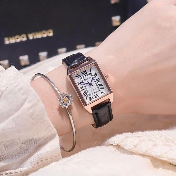 Relojes de pulsera Moda Retro Simple Roma Rectángulo Cuarzo Correa de cuero Reloj Casual Trigo de lujo para mujeres a prueba de agua