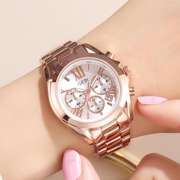 Muñeca de pulsera Fashion Rose Gold Quartz Watch for Woman Luxury Sacticador de acero inoxidable Fecha de 3atm Resistencia al agua Relojes Relojes