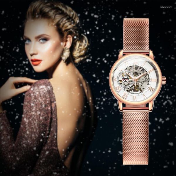 Relojes de pulsera Reloj esqueleto de oro rosa de moda para mujer Manos luminosas Malla de lujo Correa de acero inoxidable Relojes mecánicos con clase para mujer