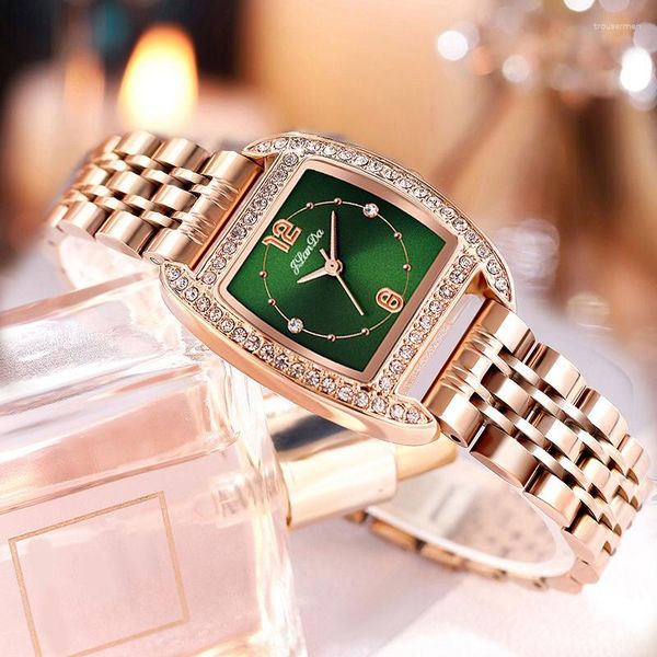 Relojes de pulsera Moda Rosa Correa de oro Relojes verdes Mujeres Cualidades Diamante Tachonado Reloj de cuarzo Señoras Elegante Montre Femme