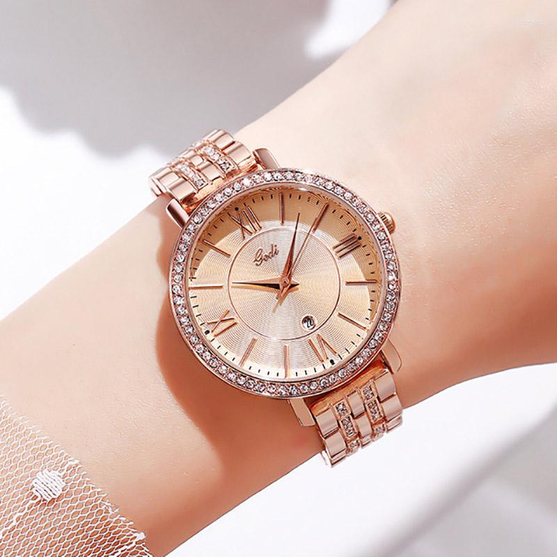 Relojes de pulsera de moda de oro rosa para mujer, relojes con números romanos, calendario de acero inoxidable, reloj de pulsera para mujer, reloj de regalo con diamantes de imitación
