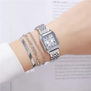 Montre-bracelets Fashion Silver Steel Rectangle Women Quartz Watch