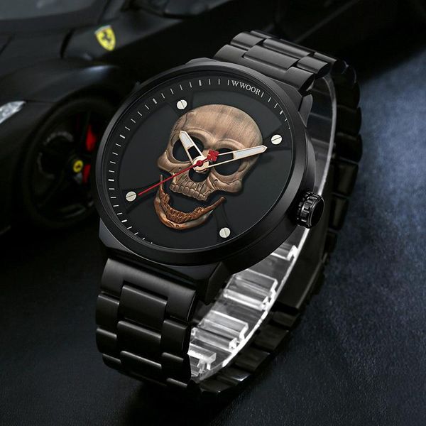 Wallwatches Fashion Skull Watch Men Sports Watches Top Acero inoxidable Reloj creativo de cuarzo impermeable