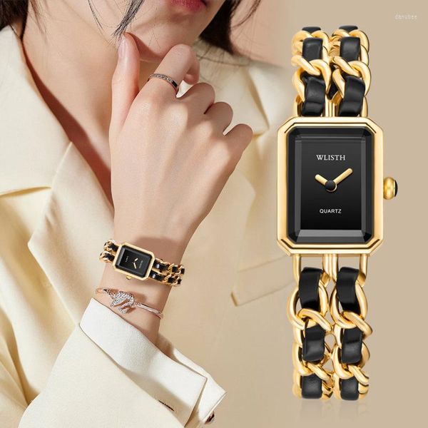 Relojes de pulsera Moda Pequeño Viento fragante Banda tejida Reloj de mujer Dos pines Cuadrado Cuarzo Negro Oro Azúcar Mujeres