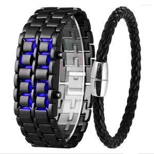 Montres-bracelets mode Sport montre hommes Quartz horloge métal numérique fer bleu LED samouraï pour binaire lave Relogio Masculino