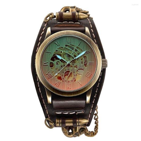 Relojes de pulsera Relojes Steampunk de moda para hombre, reloj de pulsera mecánico automático Vintage, reloj deportivo con esqueleto de bronce para hombre