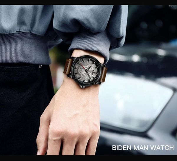 Montres-bracelets mode élégant loup hommes montres BIDEN classique hommes étanche bracelet en cuir analogique Quartz montre-bracelet Relogio Masculino