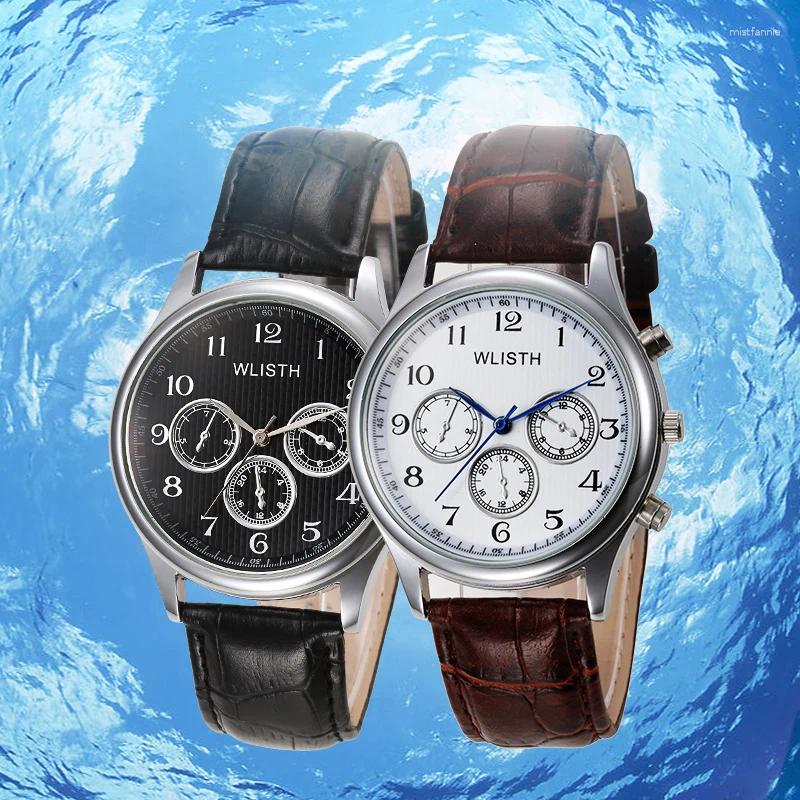 Наручные часы модные мужские водонепроницаемые кварцевые часы с тремя глазами из натуральной кожи с ремешком