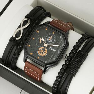 Horloges Mode Top Luxe Herenhorloge Vierkant Kleine Drie-pins Wijzerplaat Leren Band Klok Timer Set Geschenkdoos