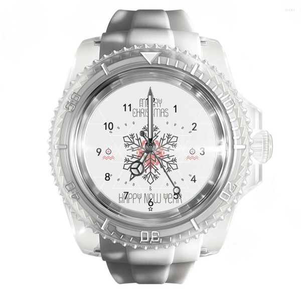 Relojes de pulsera Moda Reloj blanco de silicona transparente Copo de nieve Paisaje Relojes con letras Relojes deportivos de cuarzo para hombres y mujeres