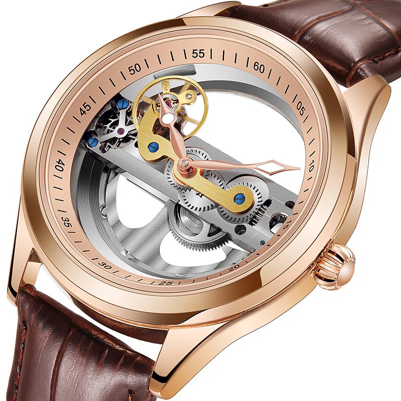 Wristwatches Fashion Transparent Single Bridge Watches Men Tourbillon Rose Gold Strap Automatic Mechanical Relogio Masculino