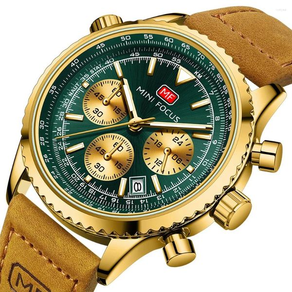 Montres-bracelets Montre de mode pour hommes doré étanche multifonction Sport Quartz montres-bracelets mains lumineuses cuir marron