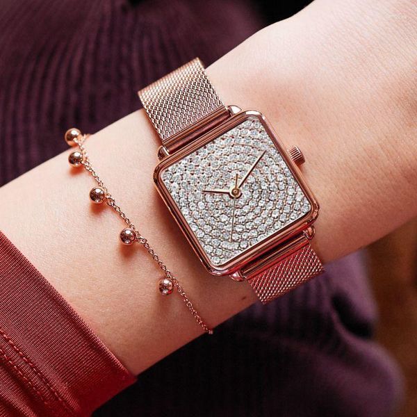 Relojes de pulsera, relojes de moda para mujer, reloj de pulsera con esfera cuadrada de diamantes de lujo, pulsera informal con correa de oro rosa para mujer, regalos