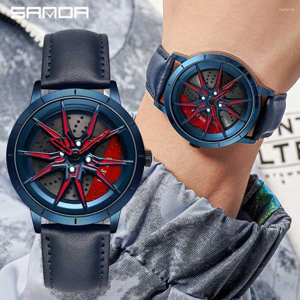 Montres-bracelets Mode Montres Hommes De Luxe Casual Bracelet En Cuir Sport Quartz Montre-Bracelet Creative Design 360 Rotation De Voiture Roue Cadran Horloge Mâle