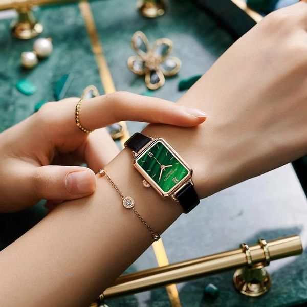 Montres-bracelets Mode Wlisth Top Marque Femmes Square Dames Quartz Bracelet Ensemble Cadran Vert Simple Rose Or Maille Et Cuir Montres De Luxe