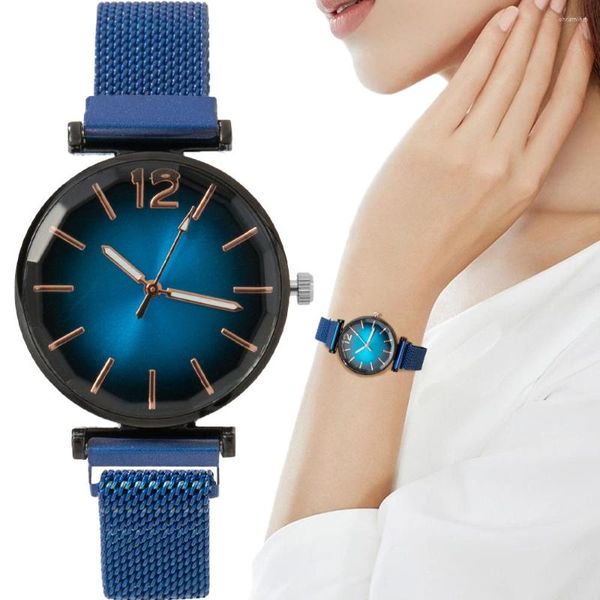 Montres-bracelets Mode Montre Femme Maille Métallique Bracelet Acier Bijou Bleu Pour Femme Horloge Quartz