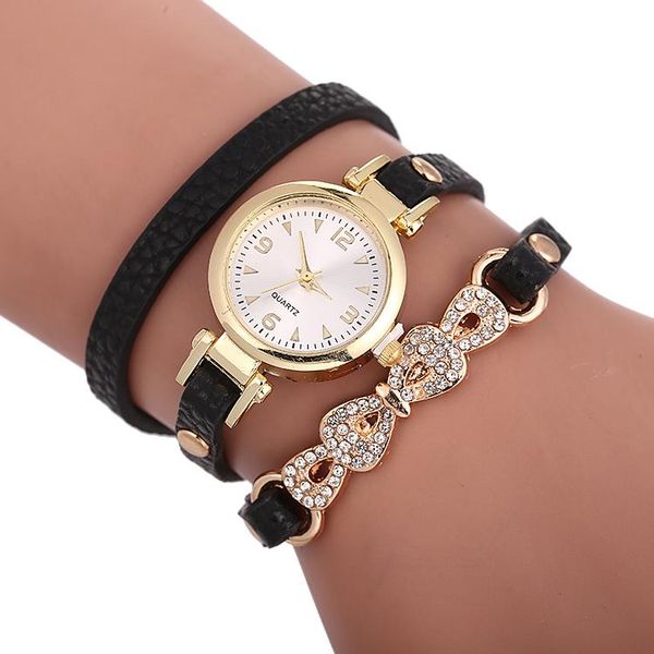 Relojes de pulsera Moda Mujer Pulsera de cuero larga Relojes Oro Bowknot Rhinestone Reloj de cuarzo Muñeca casual 919195 Relojes de pulsera