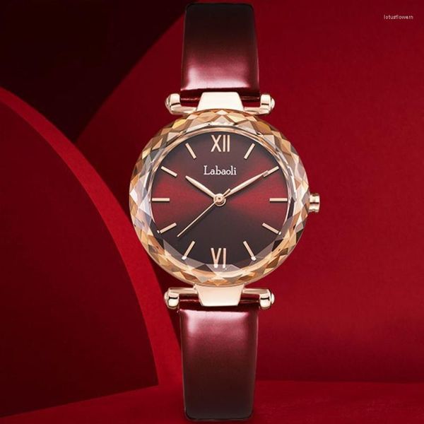 Relojes de pulsera Moda Mujer Reloj de cuarzo Diamante Cuero Vino Rojo Relojes para damas para mujer Novia Regalo Reloj de pulsera luminoso impermeable