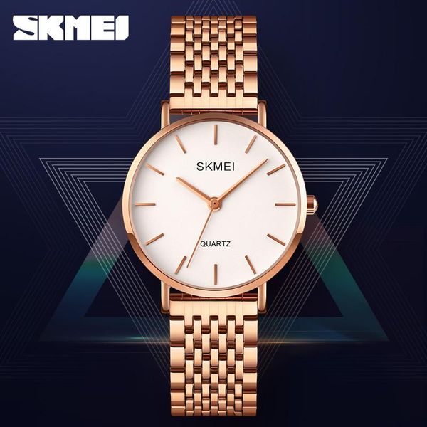 Relojes de pulsera Moda Mujer Reloj de oro rosa Cuarzo de lujo Pulsera de acero inoxidable Vestido de mujer Reloj de pulsera Marca SKMEI Relojes de mujer