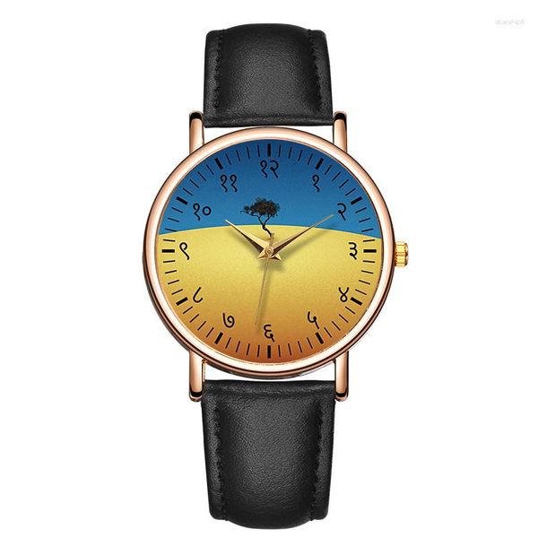 Muñecos para pulseras Fashion Quartz Wall Wallwatch Blue and Yellow Tree Watch Correa de cuero Impermeable Dial redondo