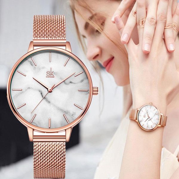 Muñecos de pulsera Fashion Women Watches Ladies Wall Wall Wall Wall Skin InicedR Marrle Marking Quartz Watch Vestido elegante de cuero Montre Femmewristwatch