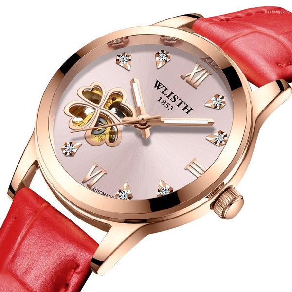 Relojes de pulsera, relojes de moda para mujer, reloj mecánico completamente automático, esqueleto luminoso de negocios informal de cuero para mujer