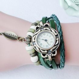 Polshorloges snel 2022 vrouwen kinderen retro lederen Winding Bracelet Leaf hanger horloge kwarts pols horloges Valentine cadeau luxe